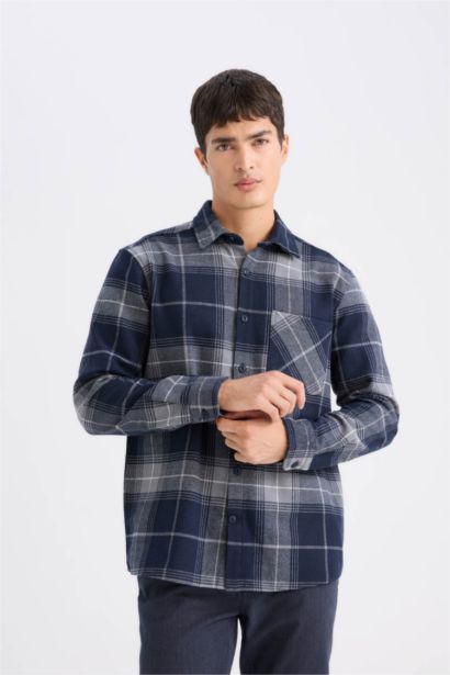 Regular Fit Polo Collar Plaid Flanel Long Sleeve Shirt
