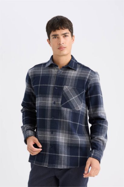 Regular Fit Polo Collar Plaid Flanel Long Sleeve Shirt