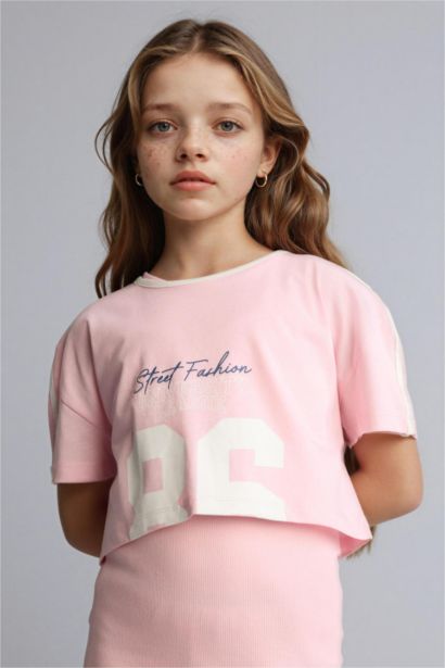 فستان بناتي مضلع نص كم - قطعتين