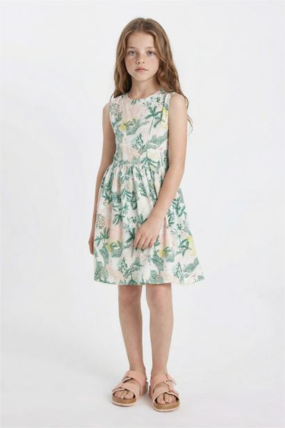 Girl Patterned Sleeveless Cotton Dress