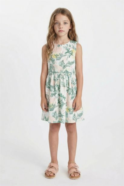 Girl Patterned Sleeveless Cotton Dress