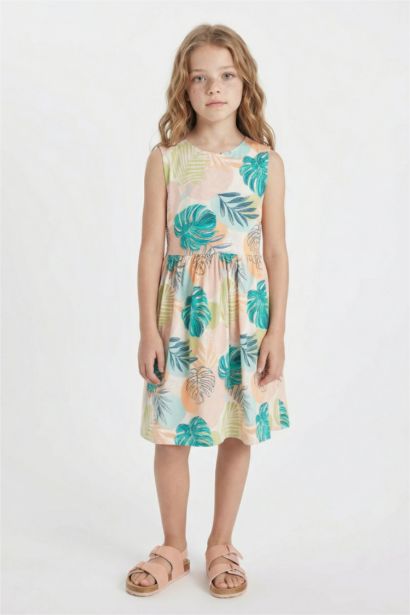 Girl Patterned Sleeveless Cotton Dress