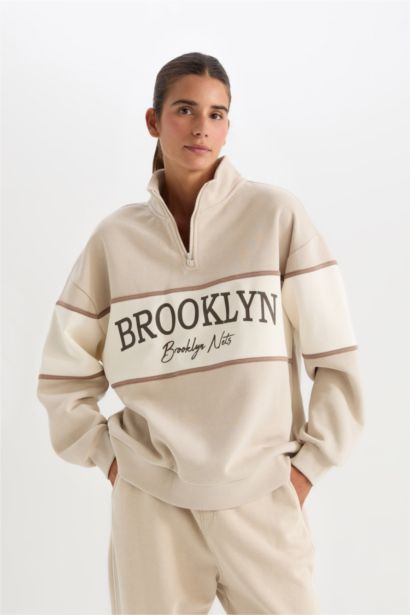 NBA Brooklyn Nets Oversize Geniş Kalıp Dik Yaka Fermuarlı Kalın Sweatshirt