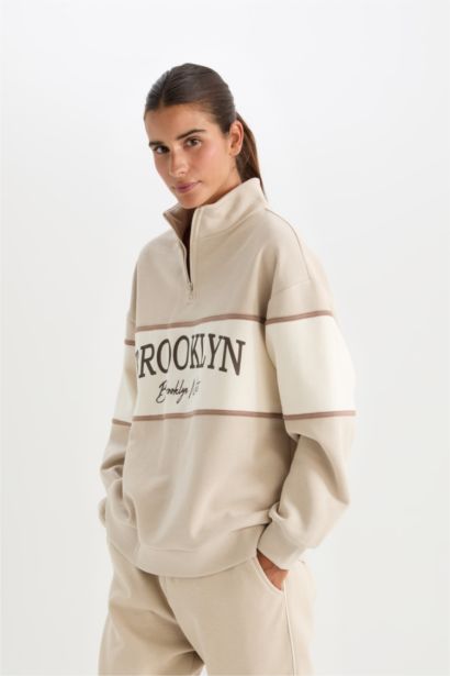 NBA Brooklyn Nets Oversize Geniş Kalıp Dik Yaka Fermuarlı Kalın Sweatshirt