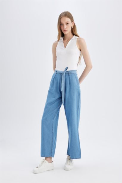 Wide Leg Yüksek Bel Kuşaklı Geniş Paça Uzun Jean Pantolon