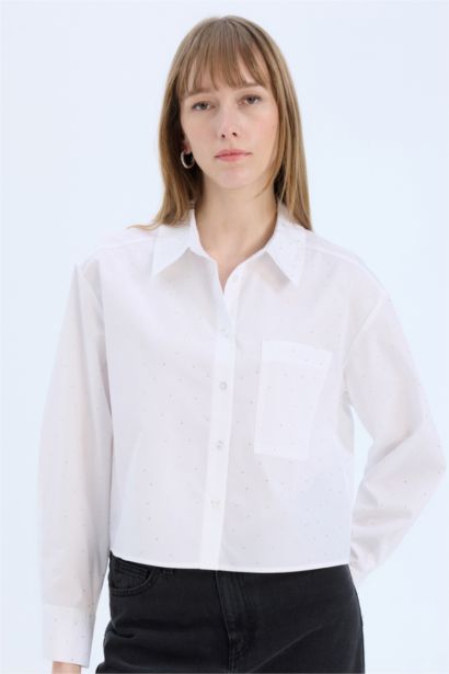 Crop Shirt Collar Poplin Long Sleeve Shirt