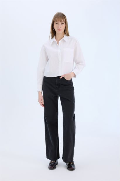 Crop Shirt Collar Poplin Long Sleeve Shirt