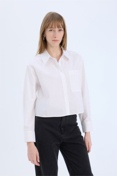 Crop Shirt Collar Poplin Long Sleeve Shirt