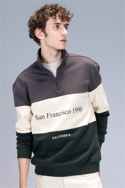 Relax Fit Dik Yaka Fermuarlı Baskılı Kalın Sweatshirt