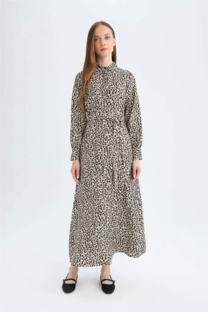 Shirt Collar Leopard Patterned Maxi Dress