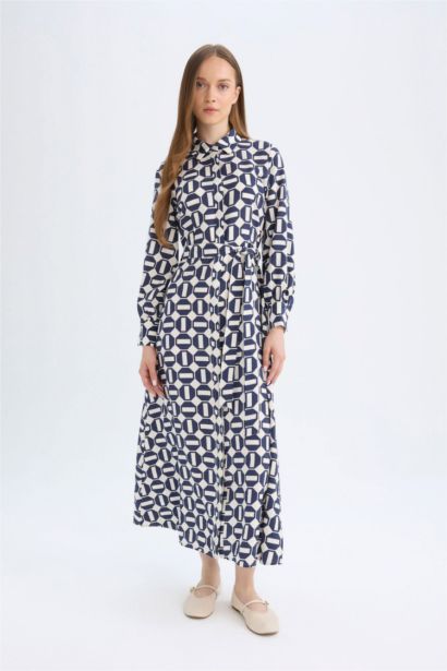 Shirt Collar Printed Basic Maxi Dress