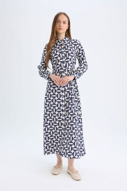 Shirt Collar Printed Basic Maxi Dress