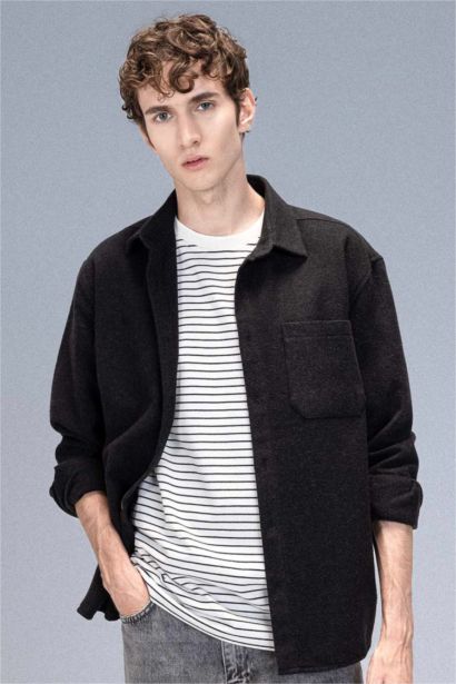 Regular Fit Polo Yaka Basic Düz Pamuk Karışımlı Uzun Kollu Gömlek