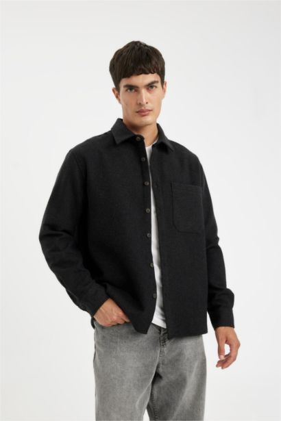 Regular Fit Polo Yaka Basic Düz Pamuk Karışımlı Uzun Kollu Gömlek