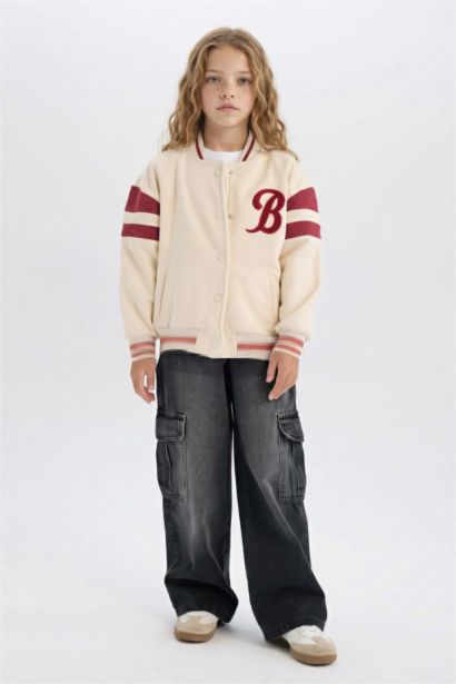 Baskılı Kolej Yaka Çıtçıtlı Çift Cepli Mevsimlik İçi Yumuşak Tüylü Bomber Ceket Kız Çocuk