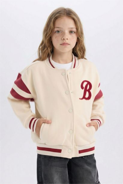 Baskılı Kolej Yaka Çıtçıtlı Çift Cepli Mevsimlik İçi Yumuşak Tüylü Bomber Ceket Kız Çocuk