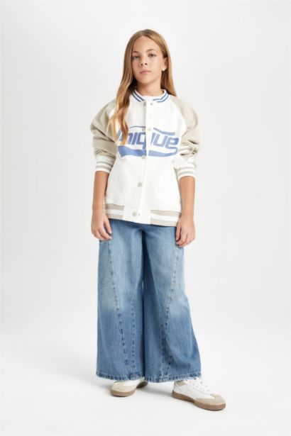 Kız Çocuk Kolej Yaka Çıtçıtlı Çift Cepli Baskılı İçi Yumuşak Tüylü Mevsimlik Bomber Ceket