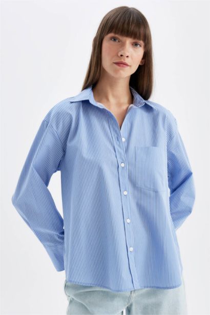 قميص مخطط واسع كم طويل بوبلين