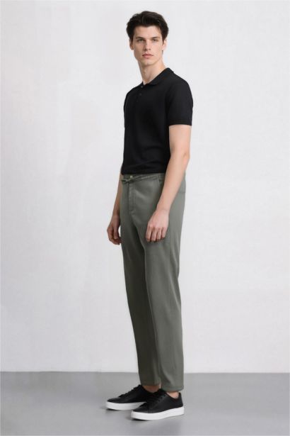 بنطلون كتان جوجر صيفي قطن سليم فيت ورجل عادية كاكي فاتح