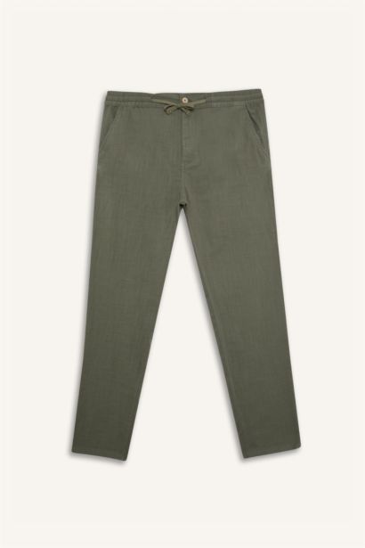 بنطلون كتان جوجر صيفي قطن سليم فيت ورجل عادية كاكي فاتح