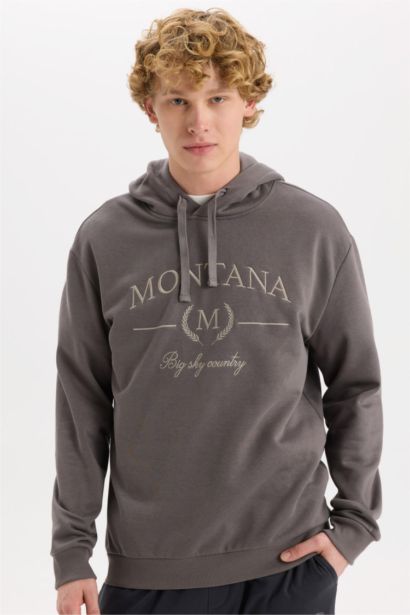 Relax Fit Kapüşonlu Baskılı Kalın Sweatshirt