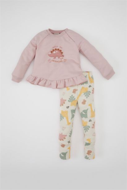 طقم بيبي بناتي قماش خفيف قصة عادية سويت شيرت وليجن - قطعتين