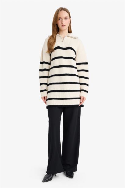 Regular Fit Half Zipper Stripped Knitwear Pullover