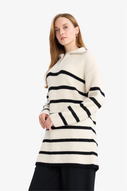 Regular Fit Half Zipper Stripped Knitwear Pullover