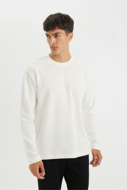 %100 Pamuk Regular Fit Bisiklet Yaka Waffle Basic Düz Uzun Kollu Tişört