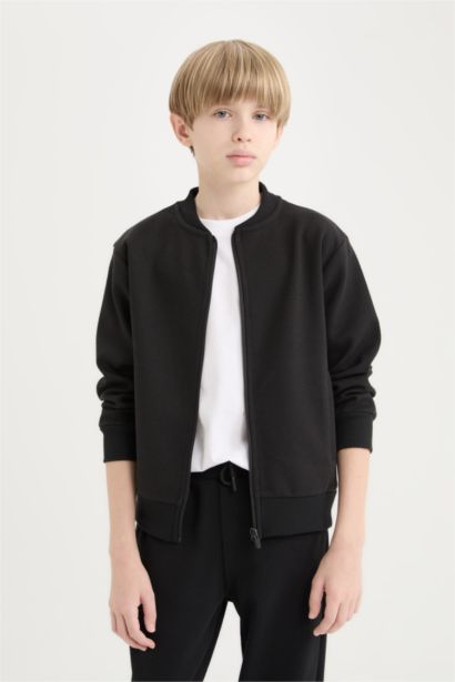 Boy College Collar Zippered Pocket Bomber Cardigan