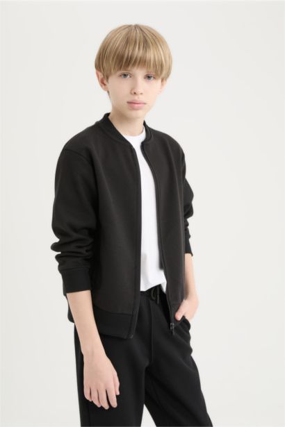 Boy College Collar Zippered Pocket Bomber Cardigan