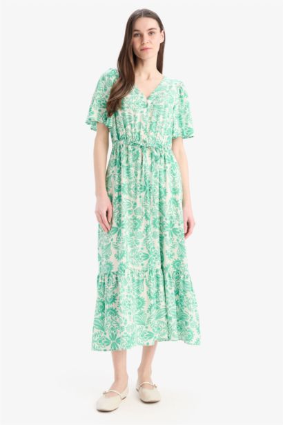 V Neck Floral Patterned Short Sleeve Midi Summer Dress