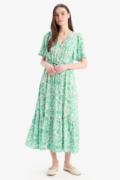 V Neck Floral Patterned Short Sleeve Midi Summer Dress