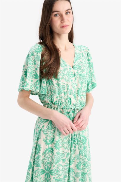 V Neck Floral Patterned Short Sleeve Midi Summer Dress
