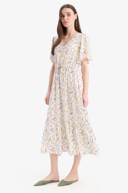V Neck Floral Patterned Short Sleeve Midi Summer Dress