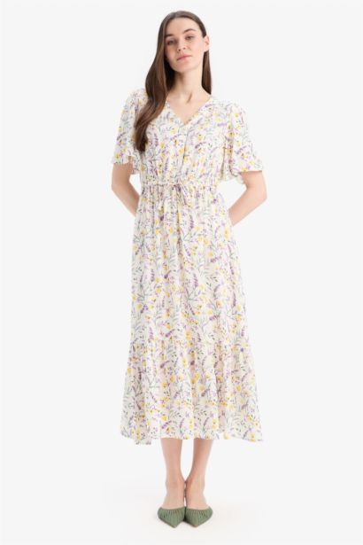 V Neck Floral Patterned Short Sleeve Midi Summer Dress