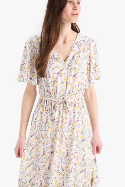 V Neck Floral Patterned Short Sleeve Midi Summer Dress