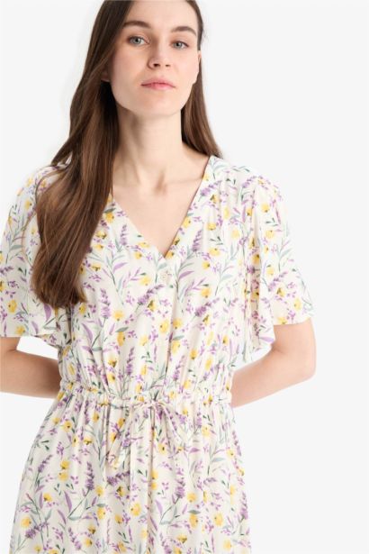 V Neck Floral Patterned Short Sleeve Midi Summer Dress