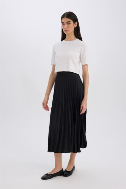 Pleat Satin High Waist Midi Skirt