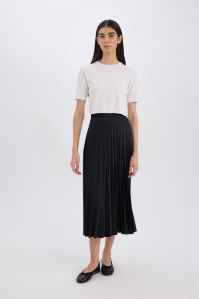 Pleat Satin High Waist Midi Skirt