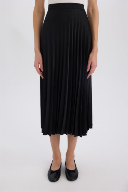 Pleat Satin High Waist Midi Skirt