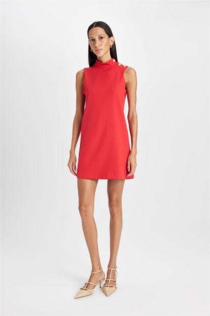 Yarım Balıkçı Yaka Basıc Düğmeli Mini Kırmızı Abiye Elbise