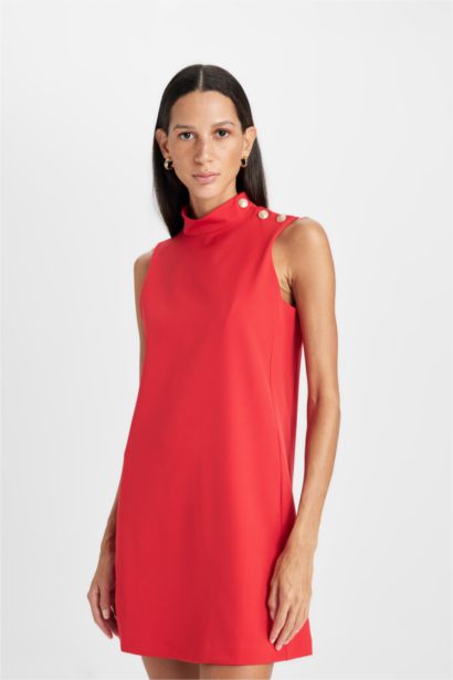 Yarım Balıkçı Yaka Basıc Düğmeli Mini Kırmızı Abiye Elbise