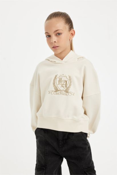 Oversize Geniş Kalıp Kapüşonlu İşlemeli Sweatshirt Kız Çocuk