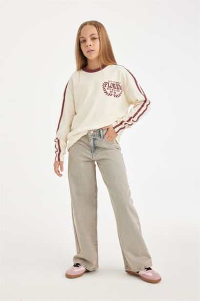 Girl Oversize Fit Crew Neck Printed Long Sleeve T-Shirt