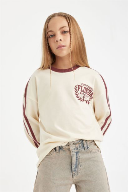 Girl Oversize Fit Crew Neck Printed Long Sleeve T-Shirt