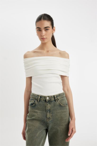 Slim Fit Open Shoulder Ribbed Short Sleeve T-shirt