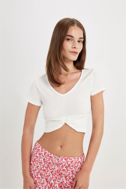 Slim Fit V Neck Crepe Short Sleeve T-Shirt