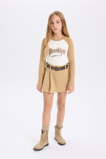 Girl Waist Elastic Pleated Belted Short Skirt
