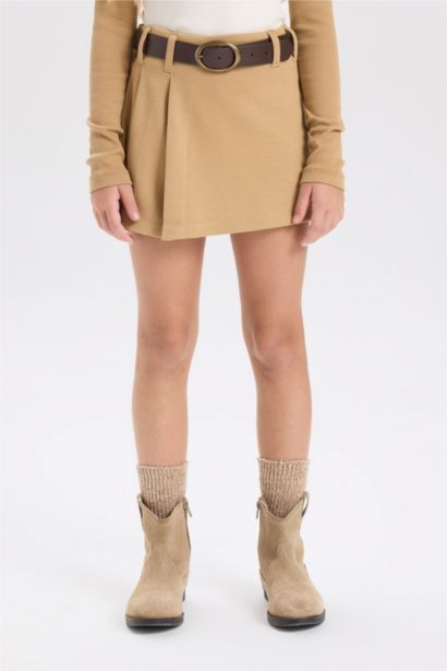Girl Waist Elastic Pleated Belted Short Skirt